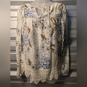Maeve Floral Lace Blouse - Cream and Blue Size Small